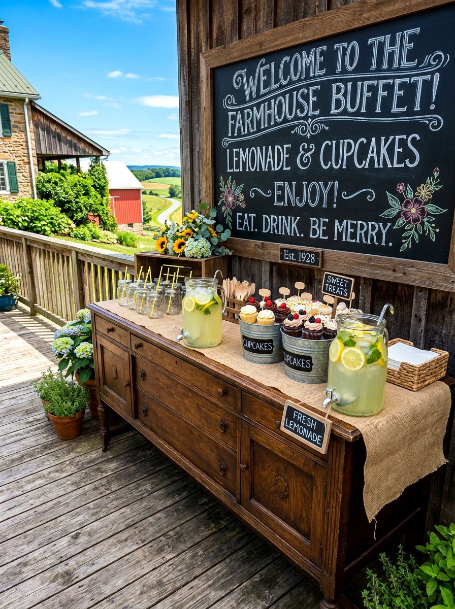 Farmhouse Sideboard Buffet - 30 outdoor dessert station ideas