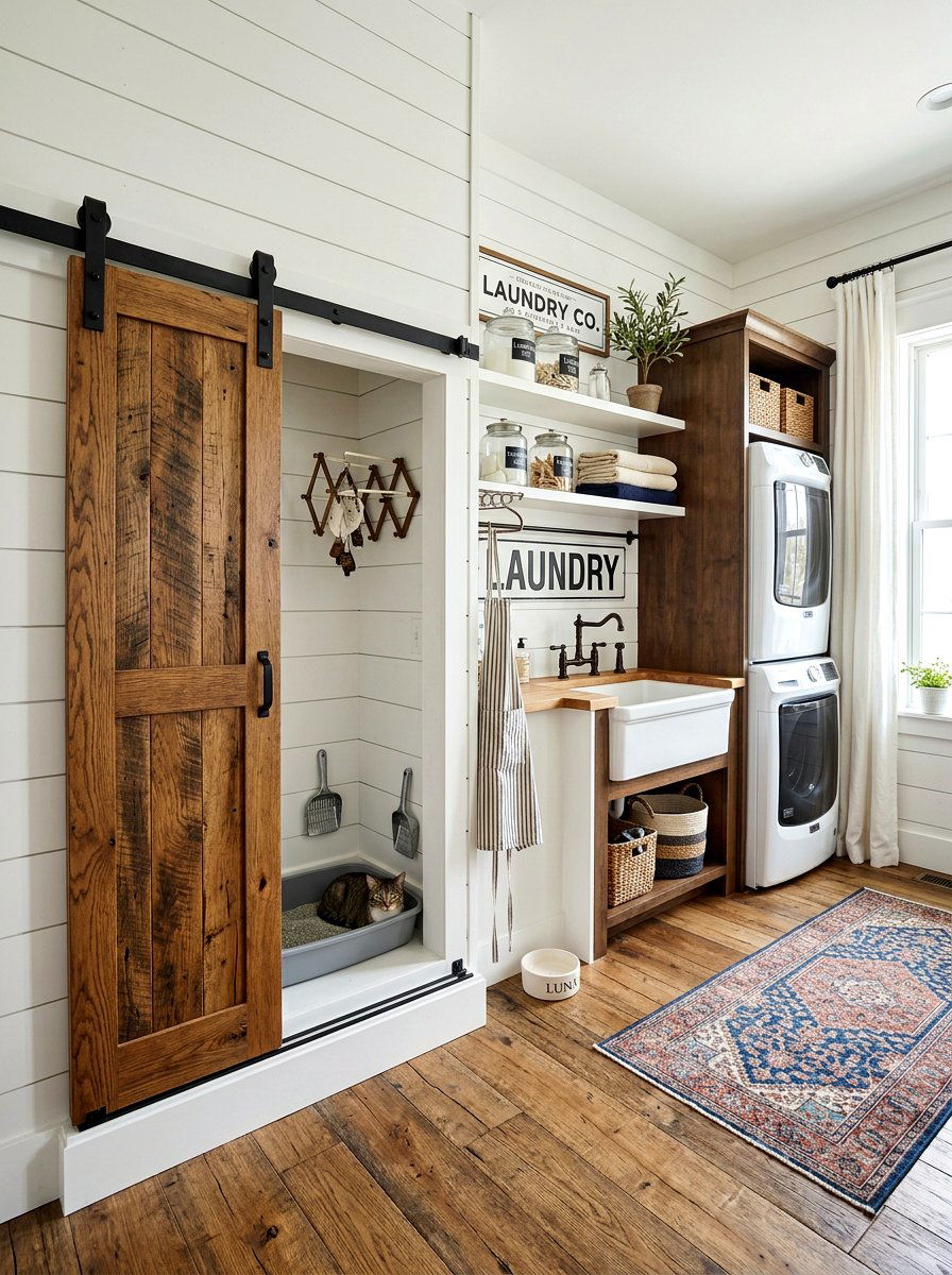Farmhouse Sliding Barn Door Cabinet - 30 hidden litter area ideas aesthetic