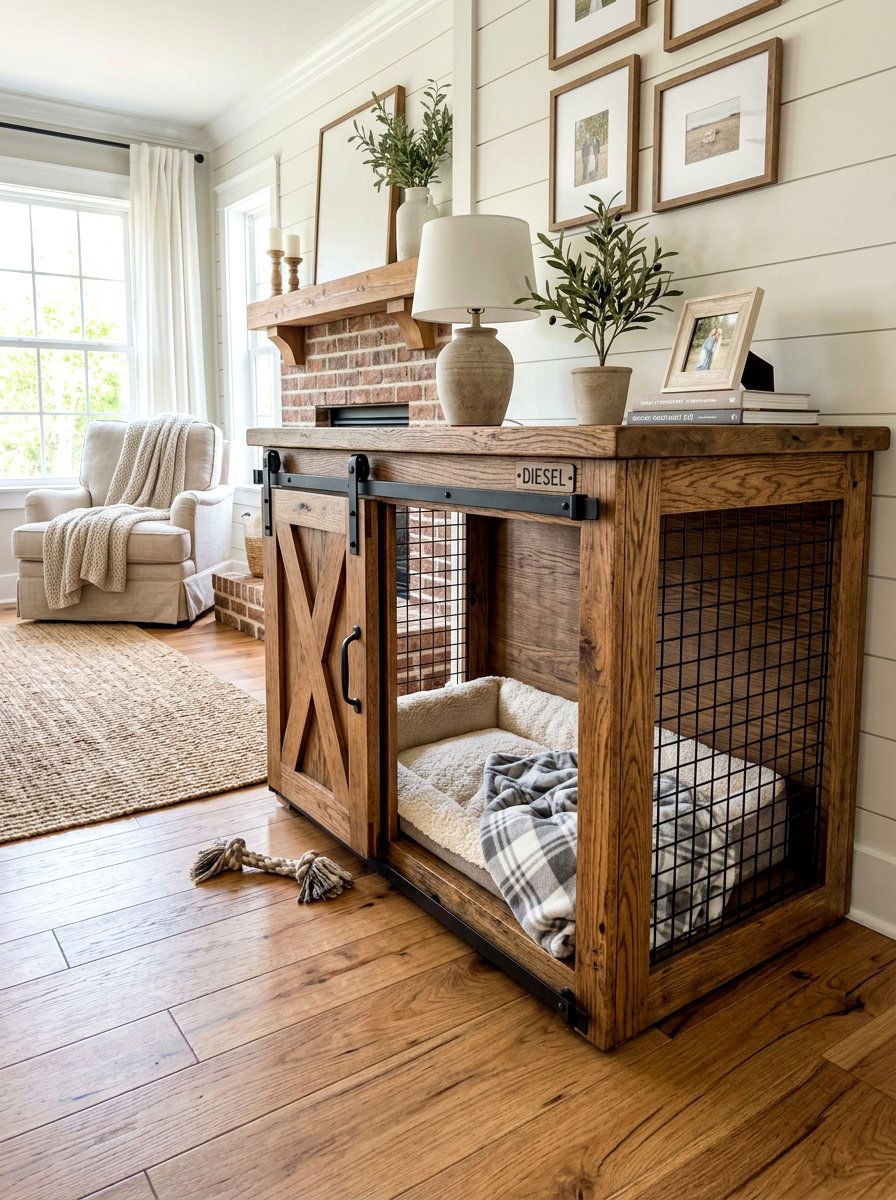 Farmhouse Sliding Barn Door Dog Crate - 30 pet bed nook ideas
