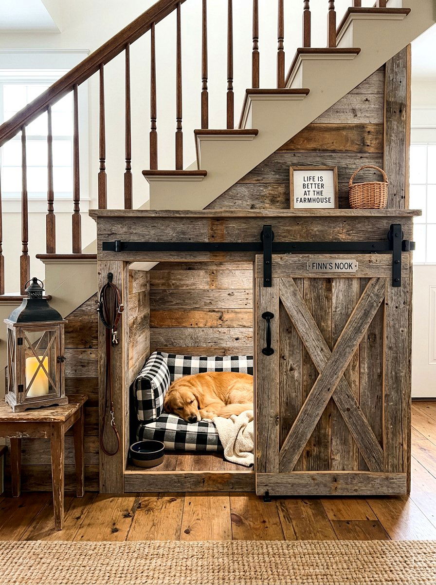 Farmhouse Sliding Barn Door Dog Kennel - 30 under stairs dog nook ideas