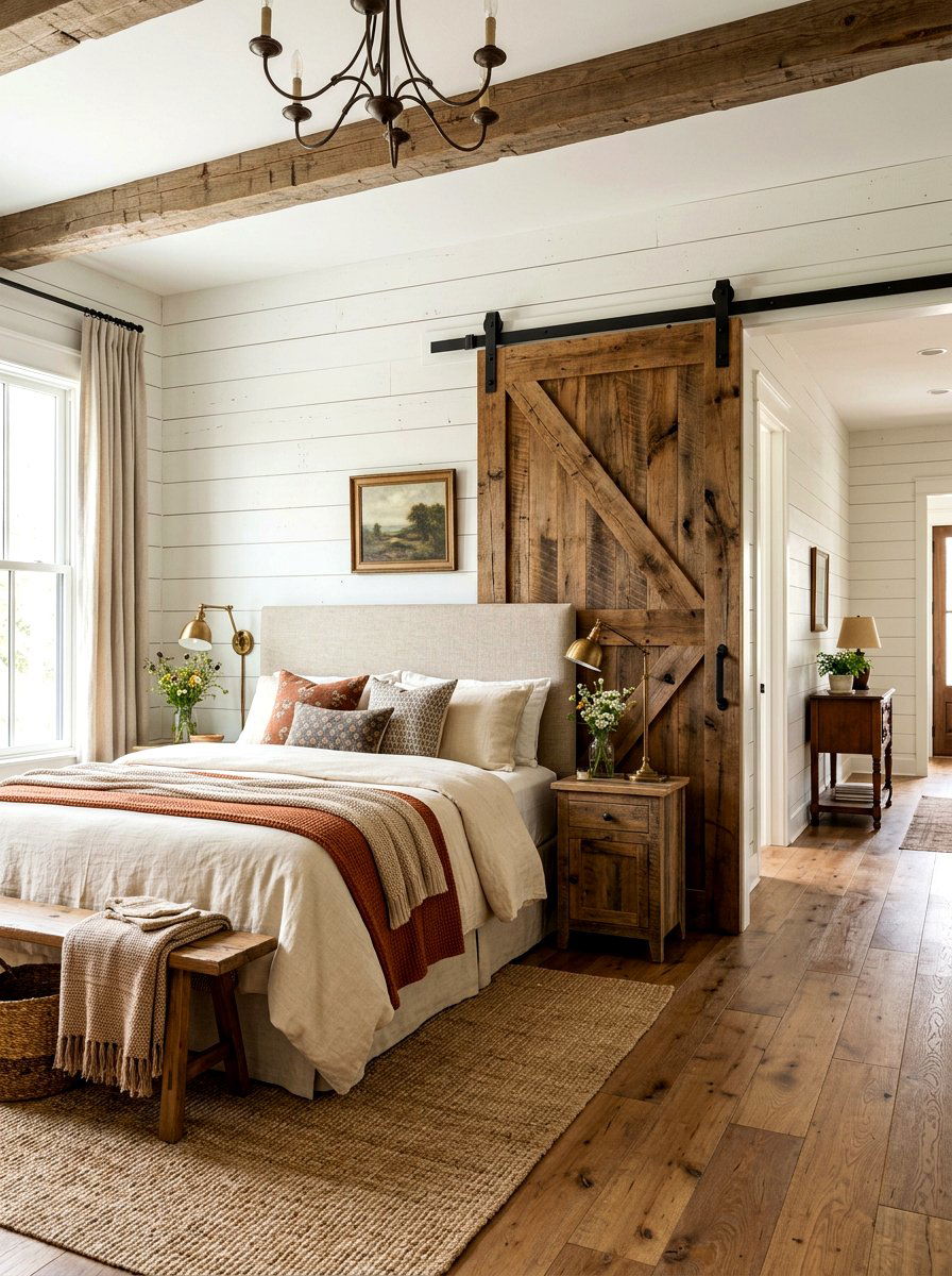 Farmhouse Sliding Door - 30 cottage romantic bedroom ideas