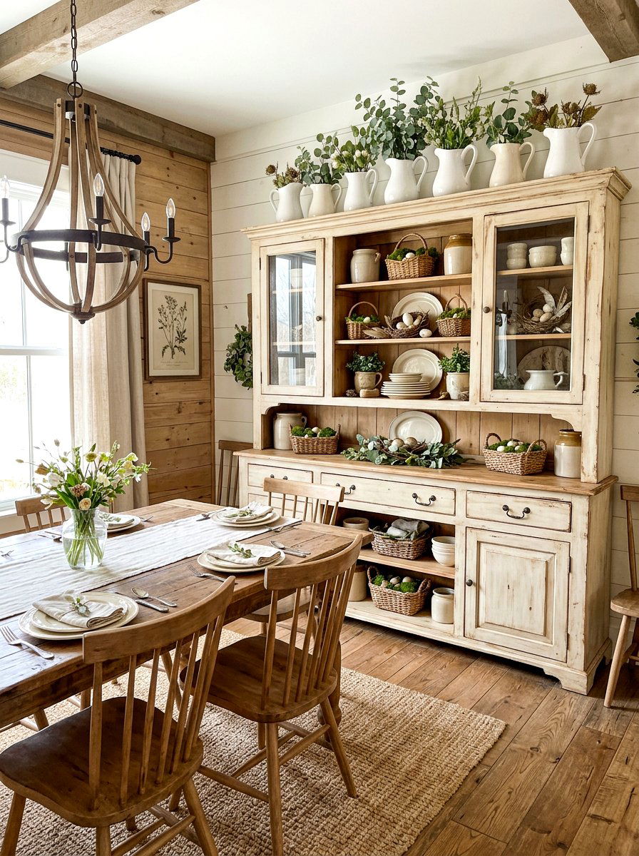 Farmhouse Spring Hutch - 30 spring shelf styling ideas aesthetic