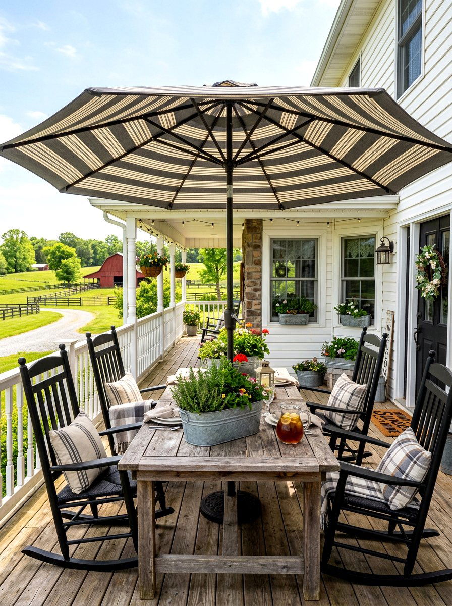 Farmhouse Striped Umbrella - 30 striped porch umbrella ideas
