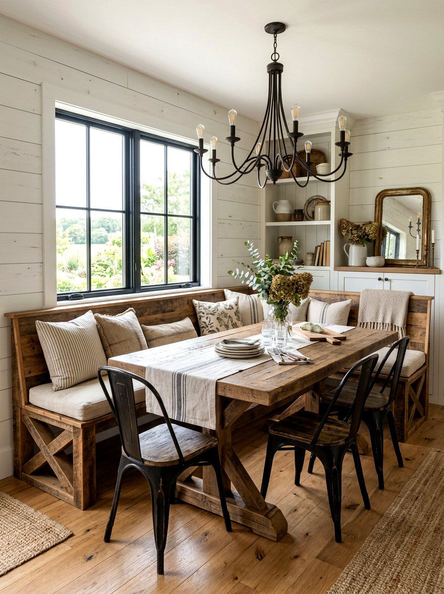 Farmhouse Style Banquette - 30 banquette dining room aesthetic ideas