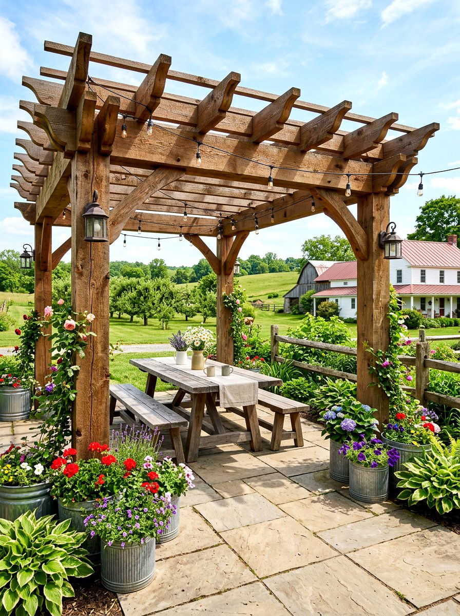 Farmhouse Style Cedar Pergola - 30 courtyard pergola ideas