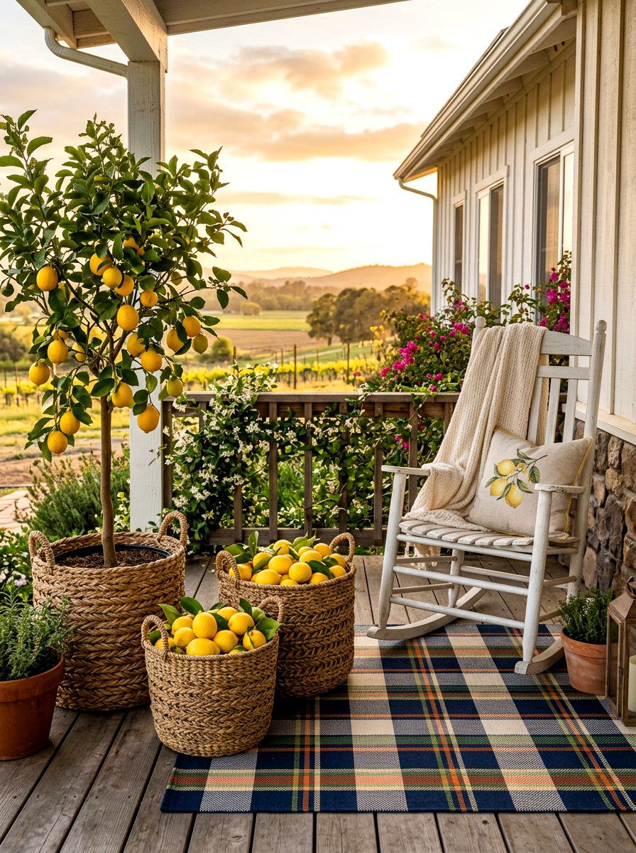 Farmhouse Style Citrus In Woven Baskets - 30 potted citrus front entry ideas