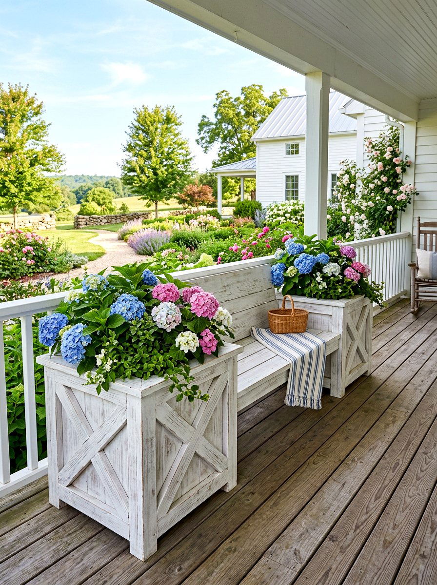 Farmhouse Style Deck Planter Bench - 30 deck planter bench ideas