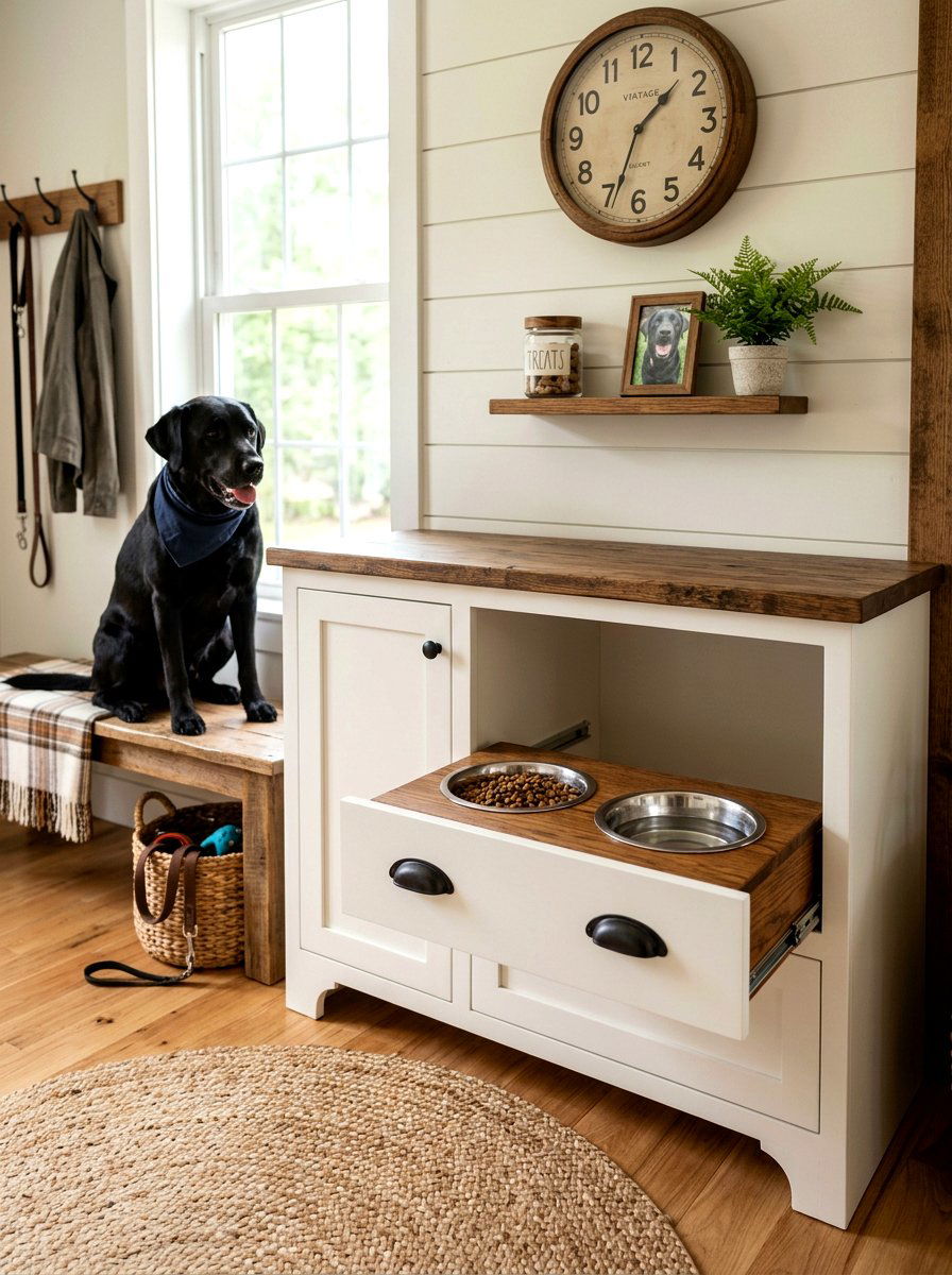 Farmhouse Style Dog Bowl Cabinet - 30 pet feeding drawer ideas aesthetic