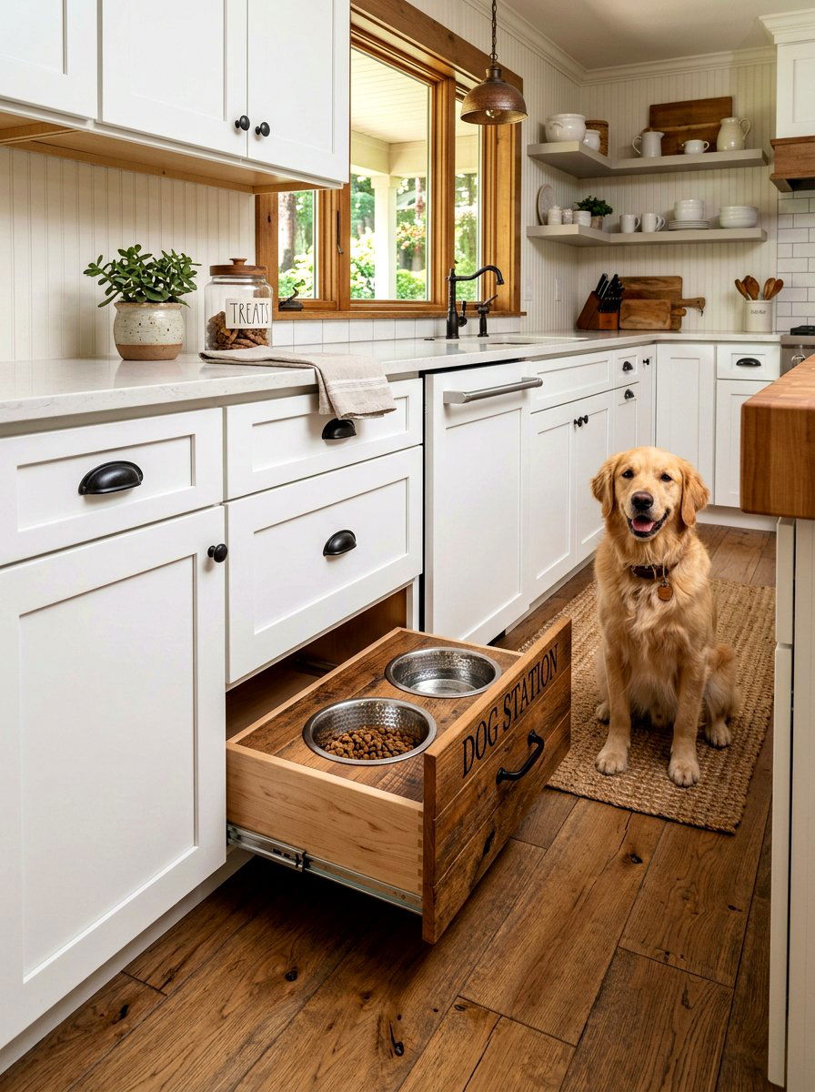 Farmhouse Style Dog Bowl Drawer - 30 dog bowl drawer ideas