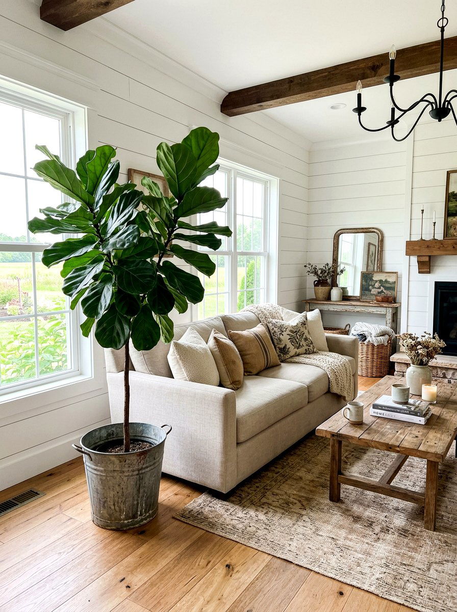 Farmhouse Style Fiddle Leaf Fig - 30 fiddle leaf fig decor ideas