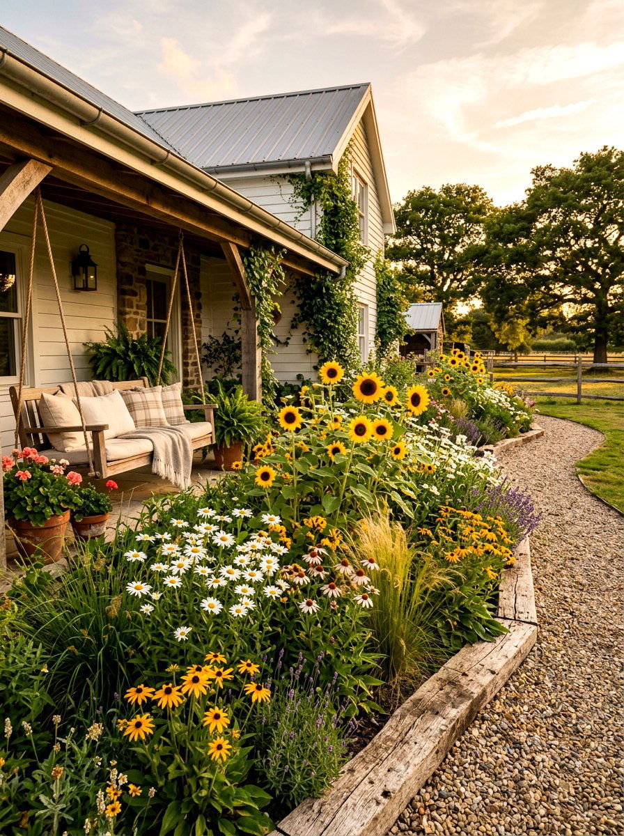 Farmhouse Style Flower Bed - 30 front porch flower bed ideas