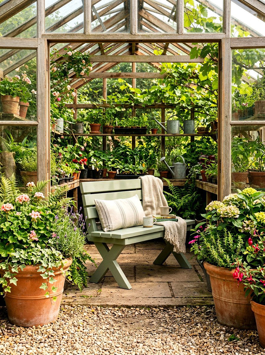 Farmhouse Style Garden Bench - 30 greenhouse potting bench ideas