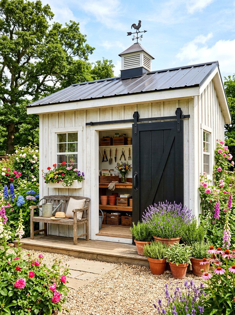 Farmhouse Style Garden Shed - 30 backyard workshop shed ideas
