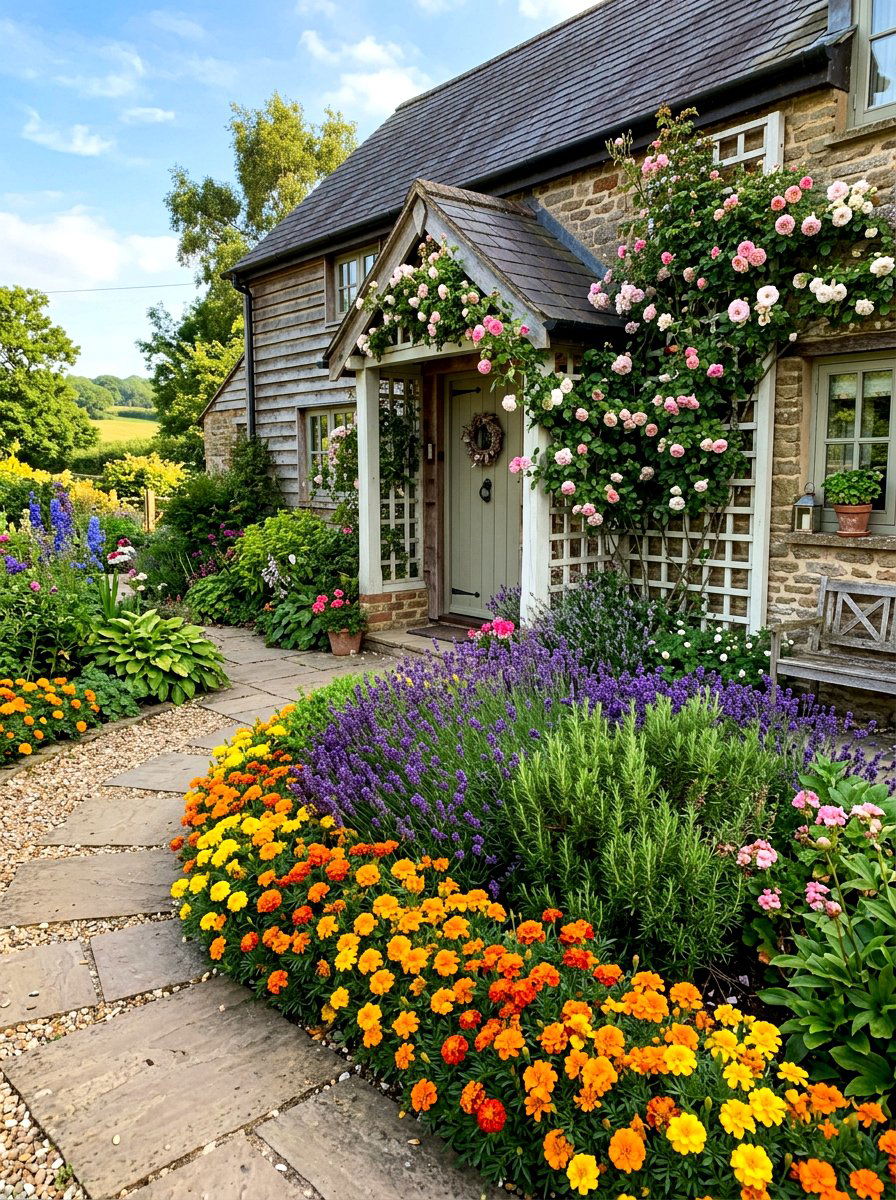 Farmhouse Style Layered Garden - 30 layered front yard landscaping ideas