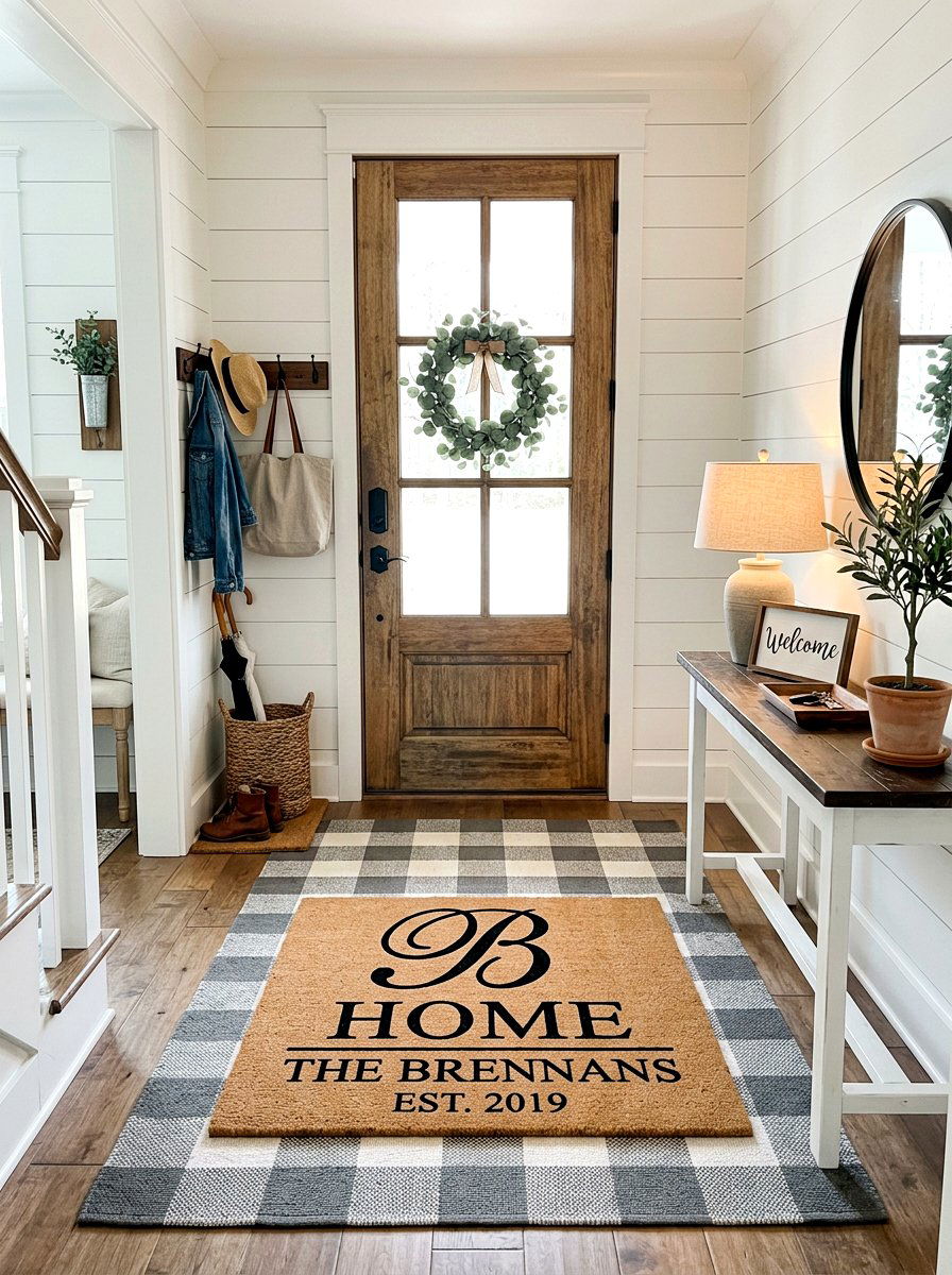 Farmhouse Style Layered Welcome Mat - 30 entrance rug layering ideas
