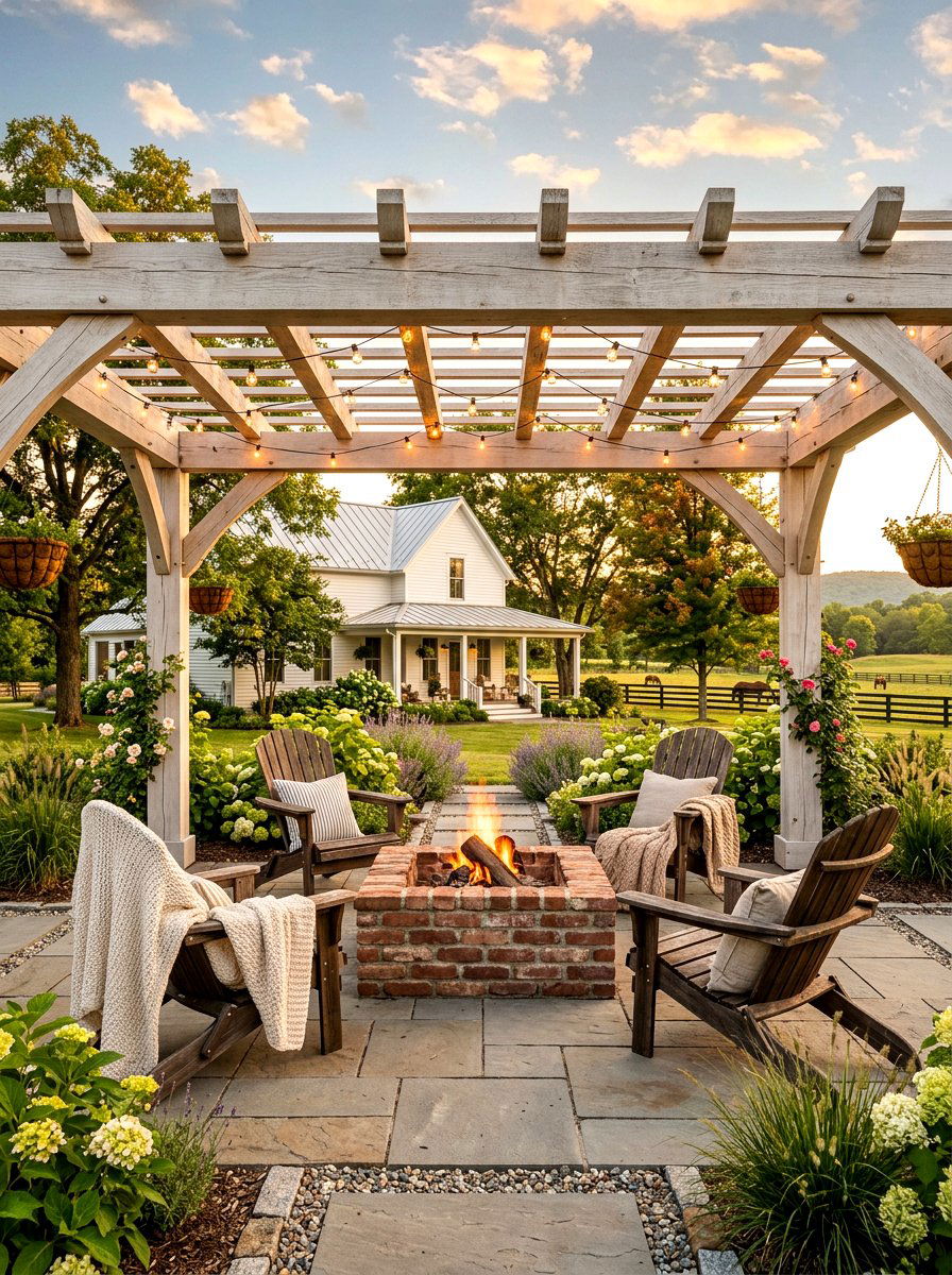 Farmhouse Style Pergola - 30 fire pit pergola ideas