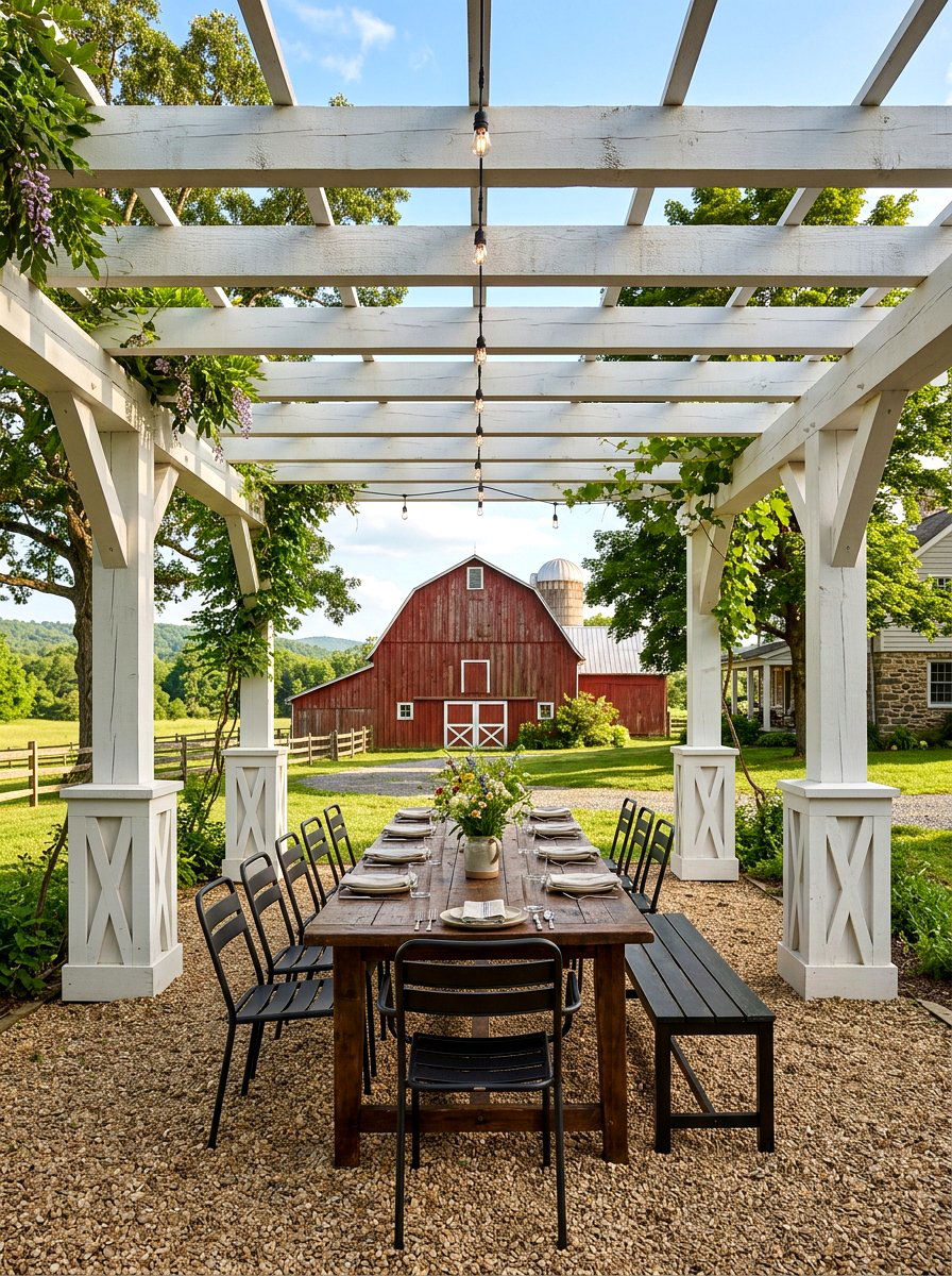 Farmhouse Style Pergola - 30 outdoor breakfast pergola ideas