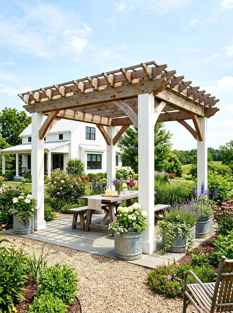 Farmhouse Style Pergola - 30 backyard pergola ideas