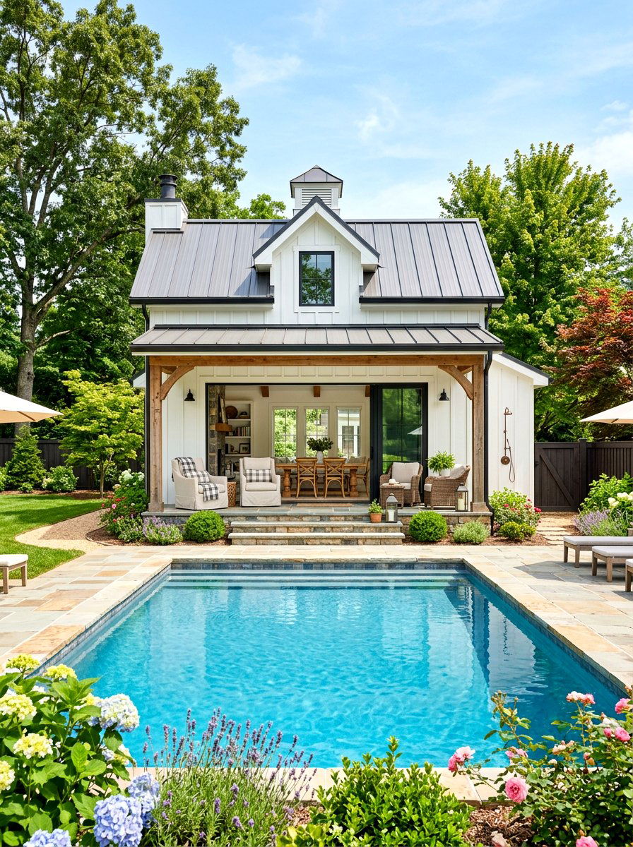 Farmhouse Style Pool Cottage - 30 pool house lounge backyard ideas