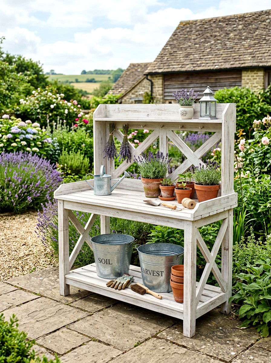 Farmhouse Style Potting Bench - 30 garden workstation ideas