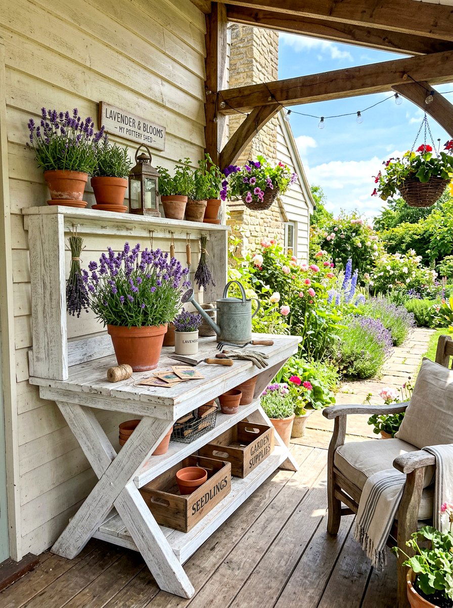 Farmhouse Style Potting Station - 30 outdoor potting station ideas