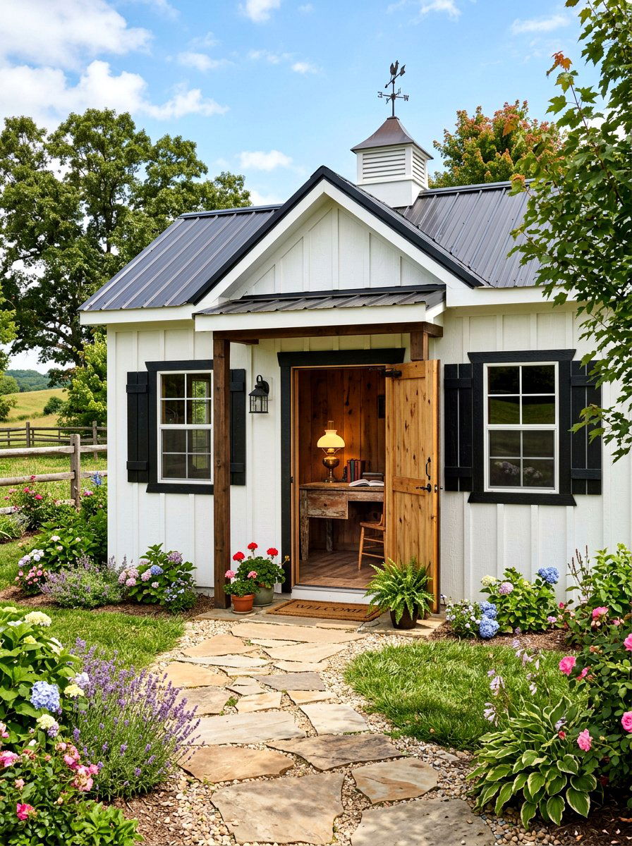Farmhouse Style Shed - 30 office shed ideas