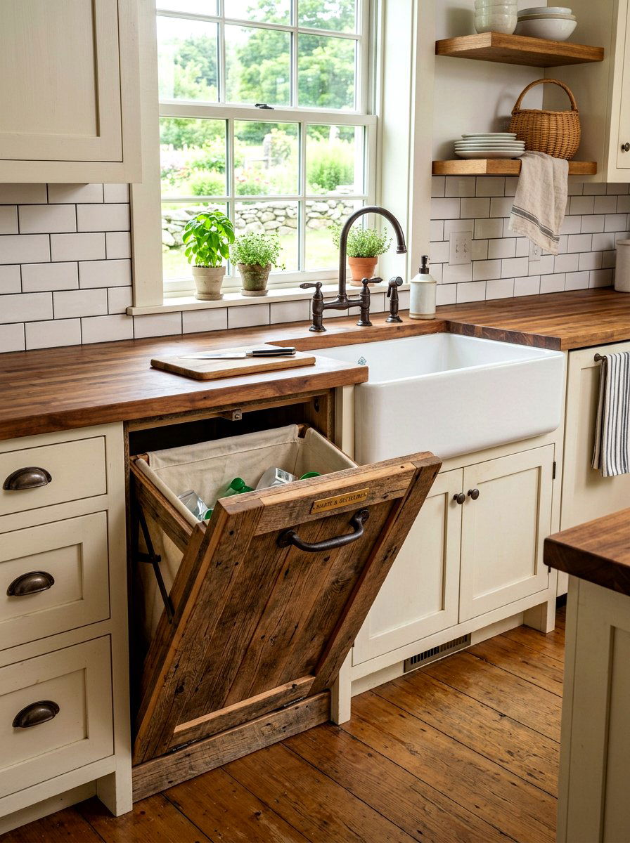 Farmhouse Style Tilt Out Bin - 30 hidden recycling bin ideas