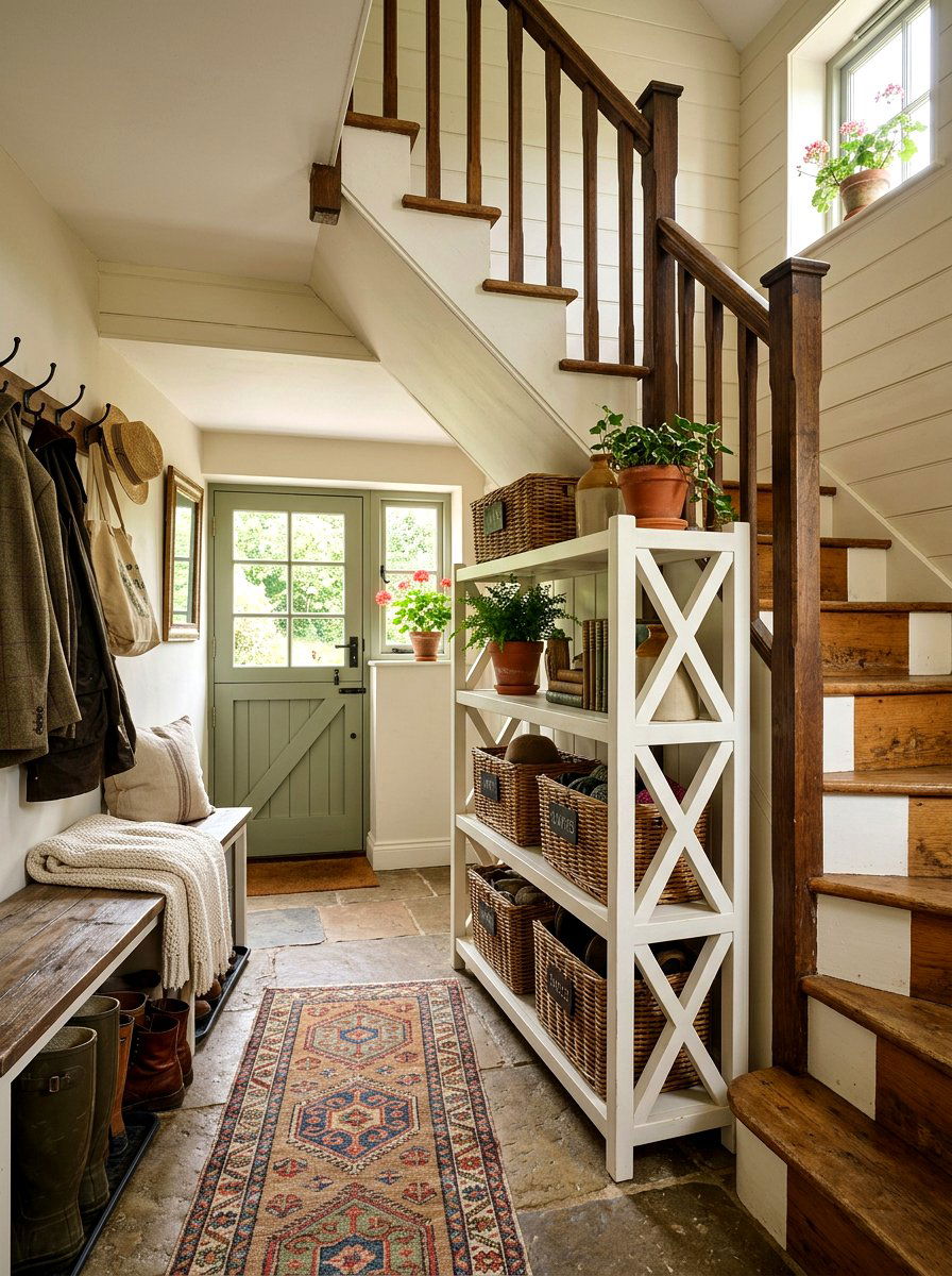 Farmhouse Style Under Stair X Frame Shelves - 30 under staircase bookshelf ideas