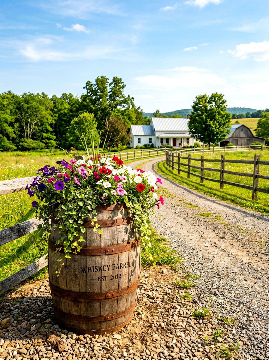 Farmhouse Style Whiskey Barrel - 30 large planter ideas