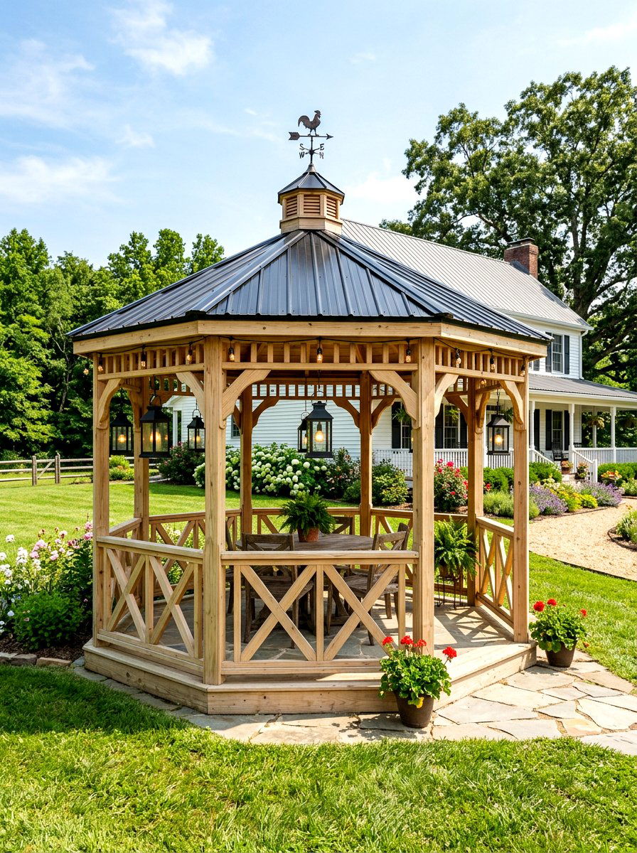 Farmhouse Style Wood Gazebo - 30 wooden gazebo ideas