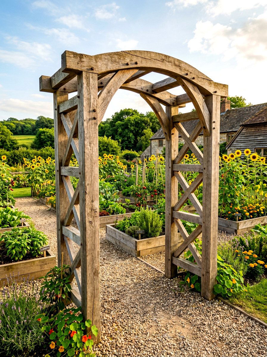 Farmhouse Style Wooden Garden Arch - 30 arbor garden entrance ideas