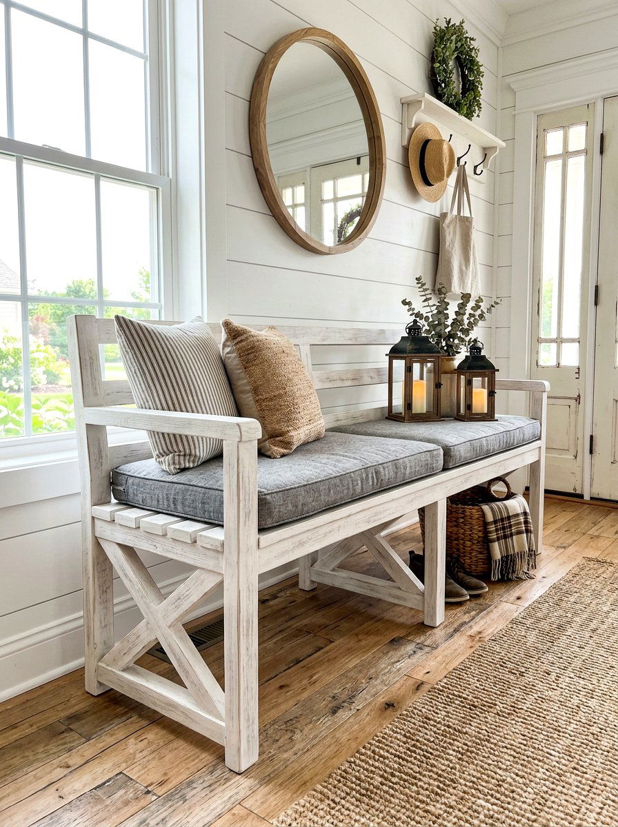 Farmhouse Style X Frame Bench - 30 deck corner seating ideas