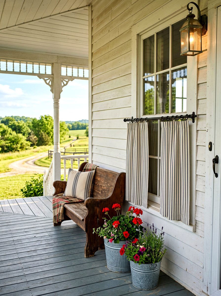Farmhouse Ticking Stripe Cafe Curtains - 30 porch with cafe curtains ideas