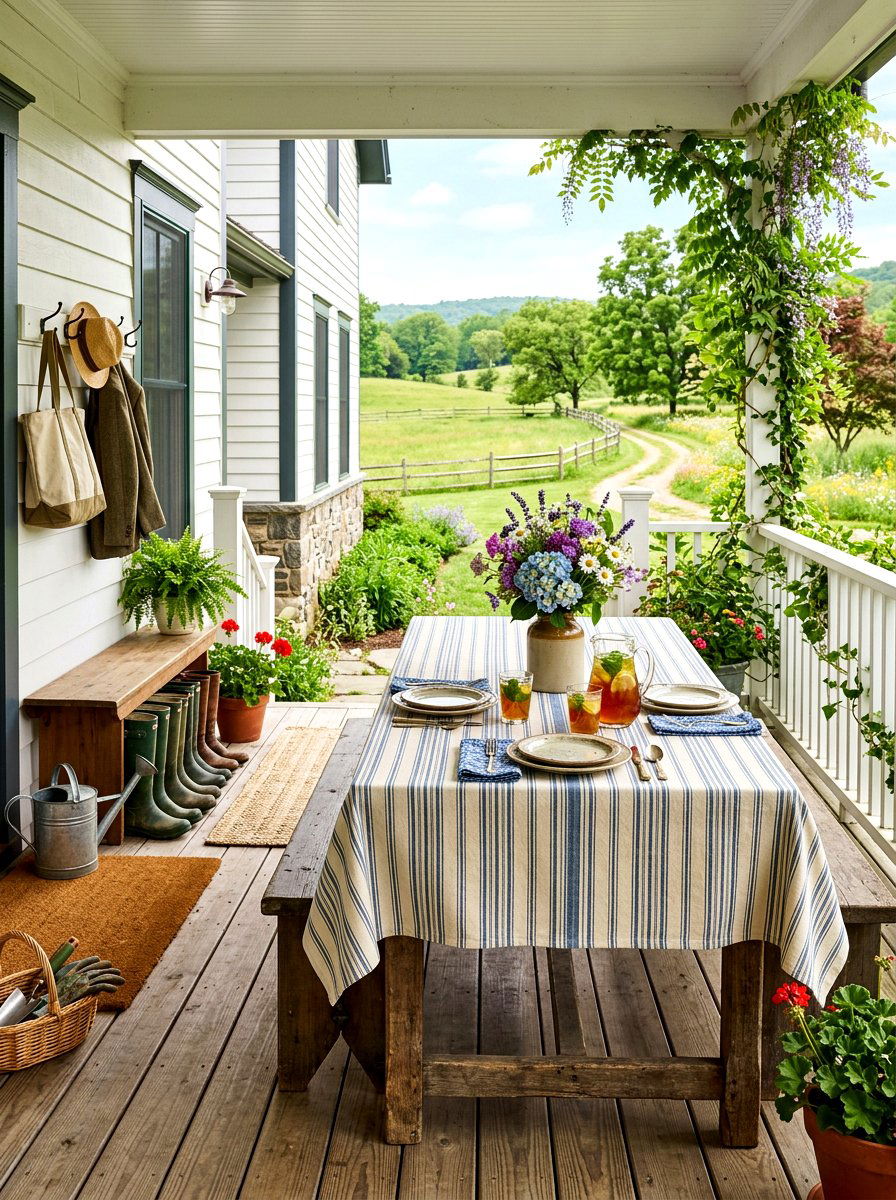Farmhouse Ticking Stripe Table - 30 porch skirted table ideas