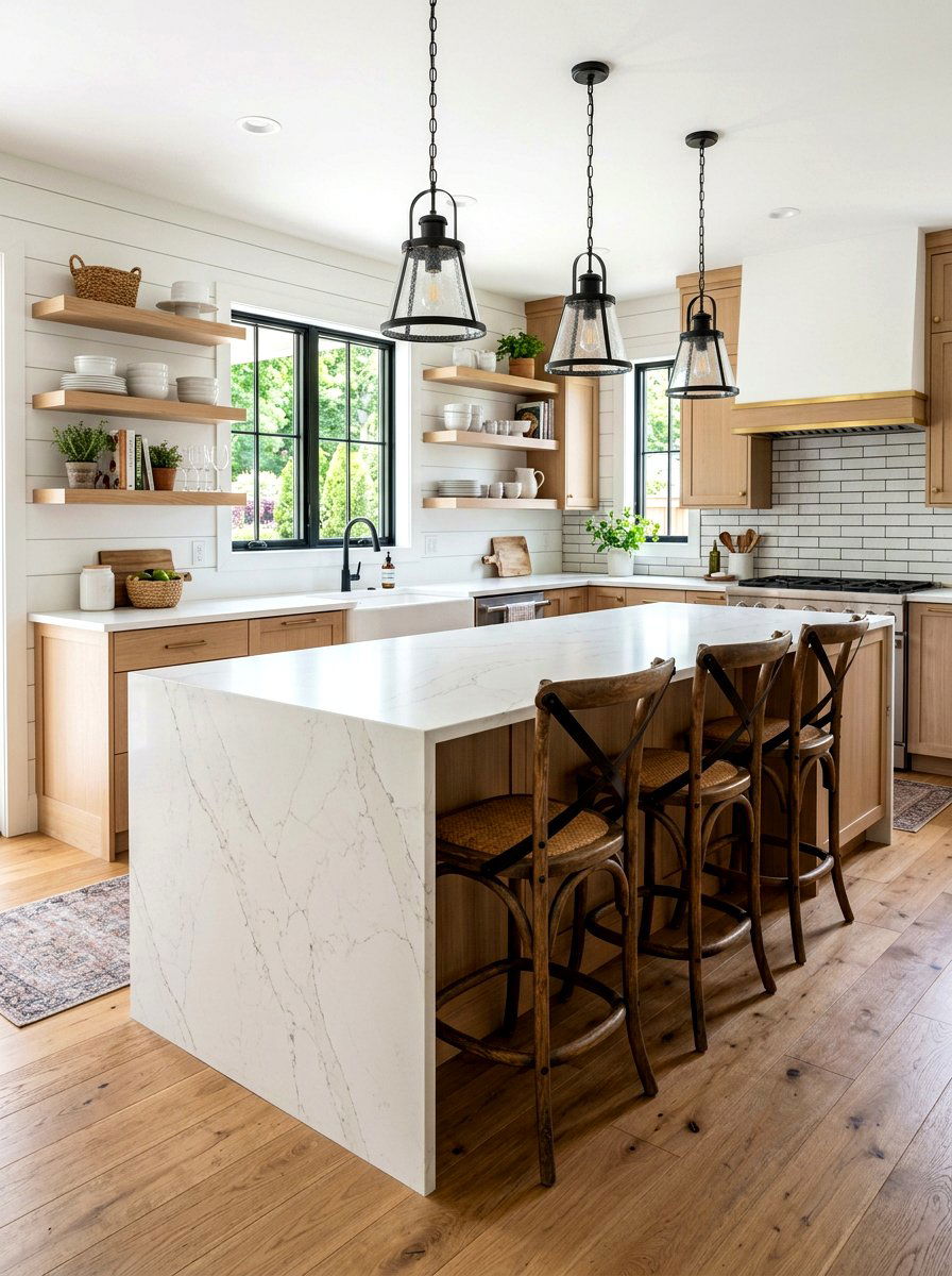 Farmhouse Waterfall Island Seating Setup - 30 waterfall island seating ideas