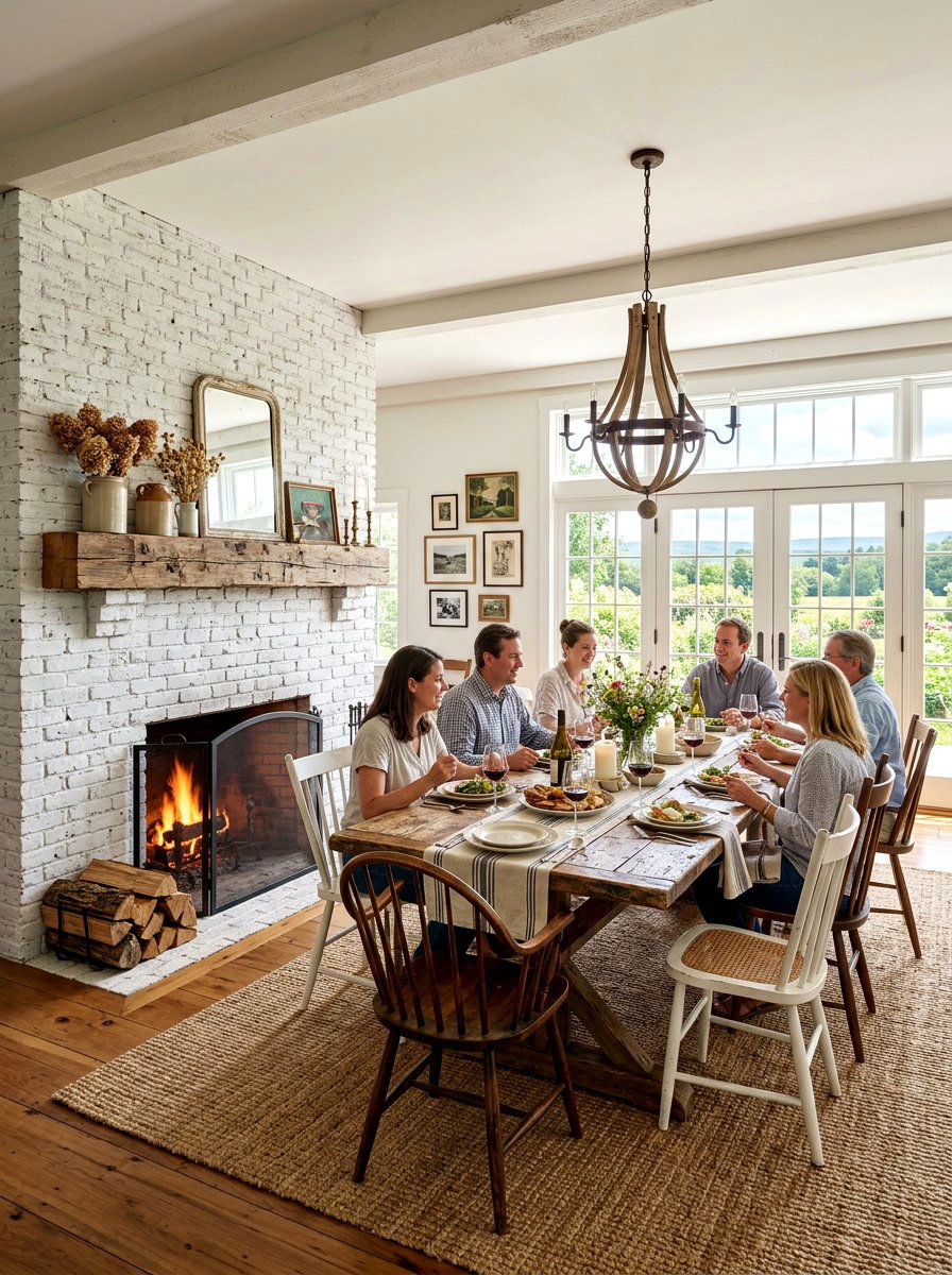 Farmhouse White Brick Fireplace - 30 dining room fireplace wall ideas