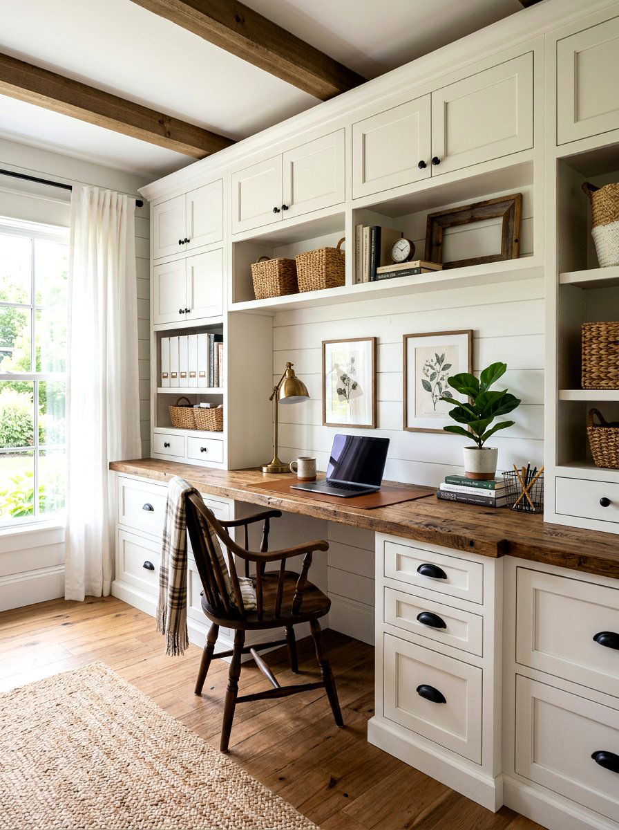 Farmhouse White Office Desk Unit - 30 white office built in ideas