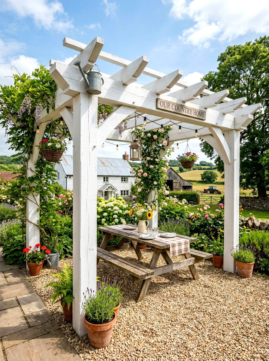 Farmhouse White Pergola - 30 white pergola ideas