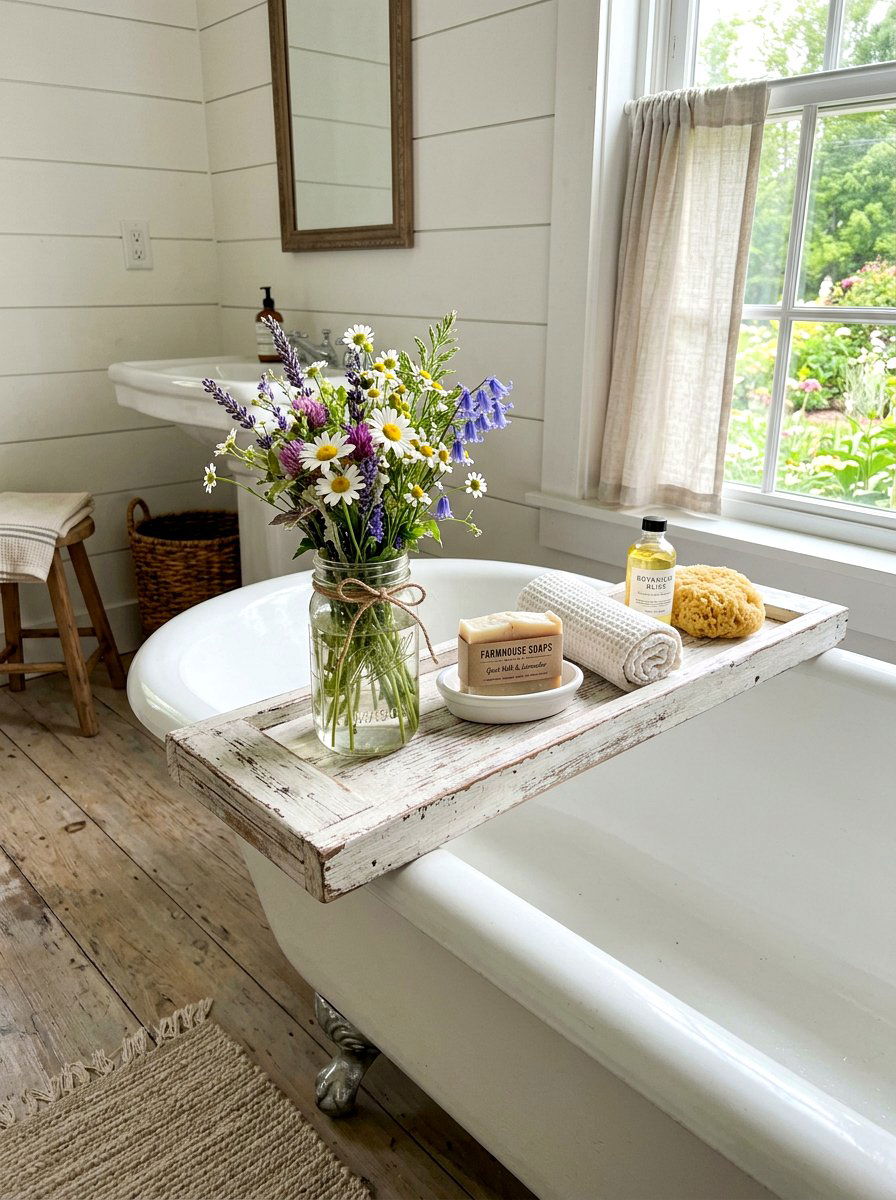 Farmhouse White Wood Bath Caddy - 30 bath tray styling ideas