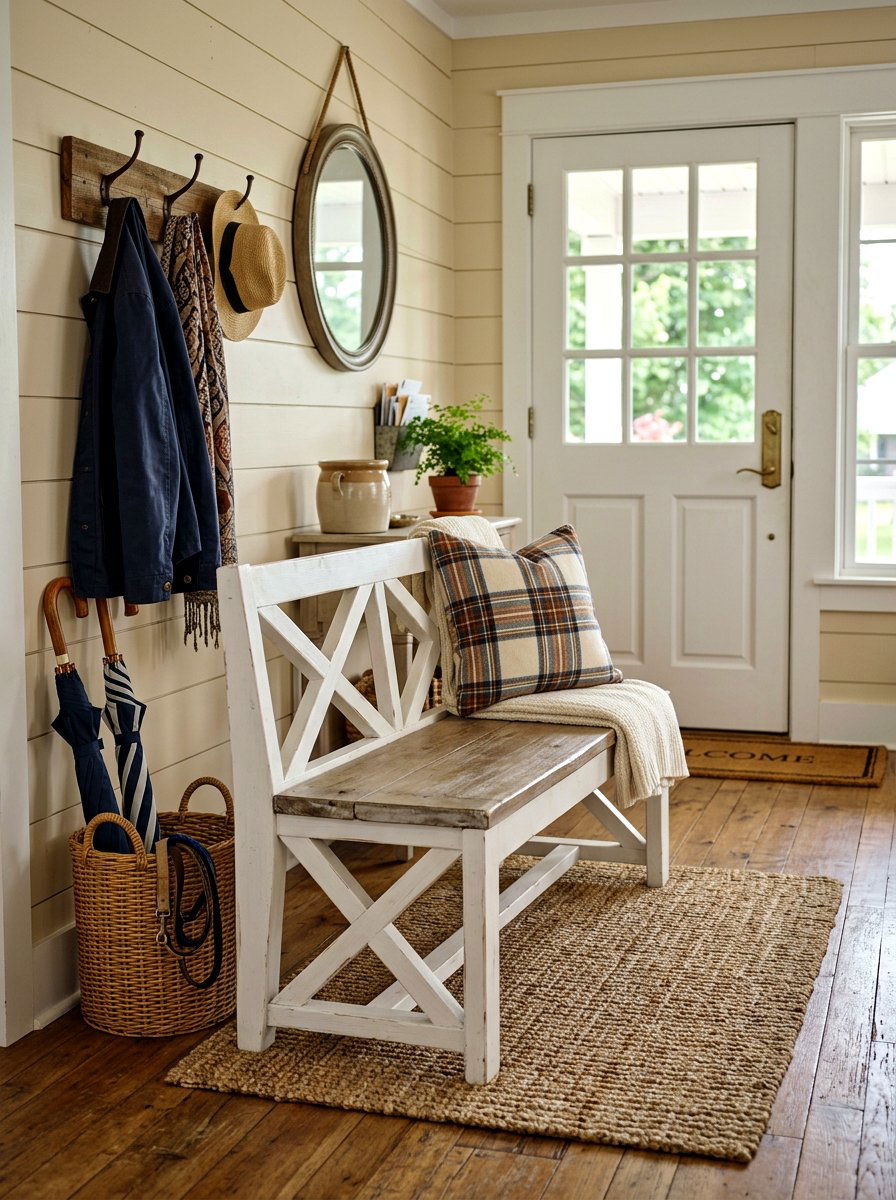 Farmhouse White X Frame Bench - 30 entryway bench ideas