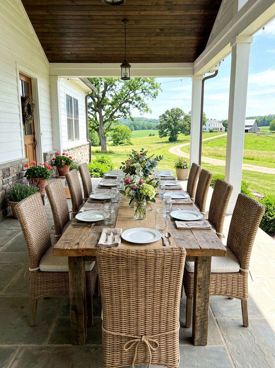 Farmhouse Wicker Dining - 30 all weather wicker patio ideas