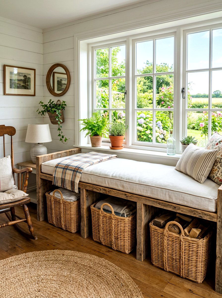 Farmhouse Window Bench With Baskets - 30 storage bench window seat ideas