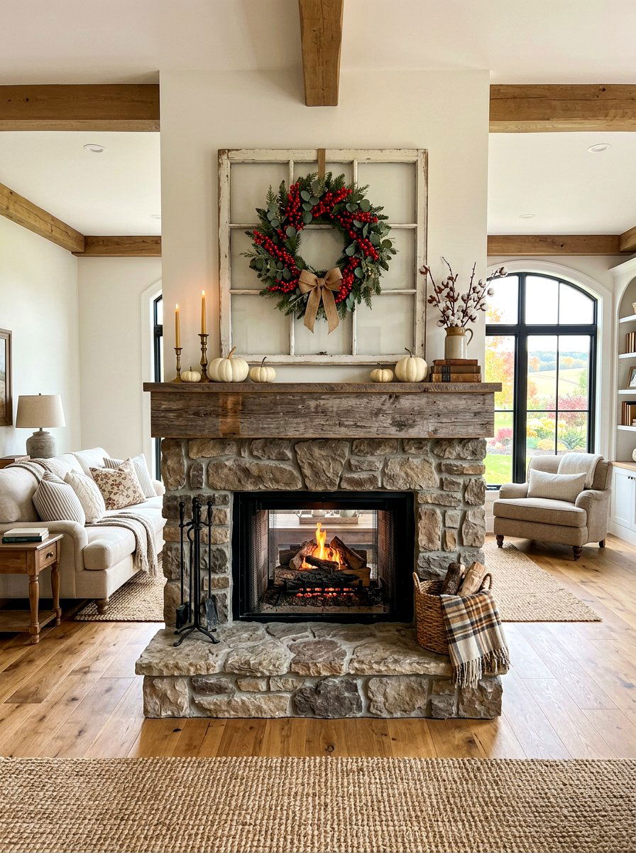 Farmhouse Window Frame Mantel - 30 fall mantel styling ideas