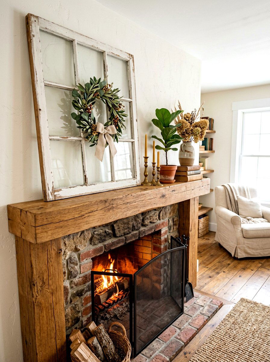 Farmhouse Window Pane Backdrop - 30 fall mantel layering ideas