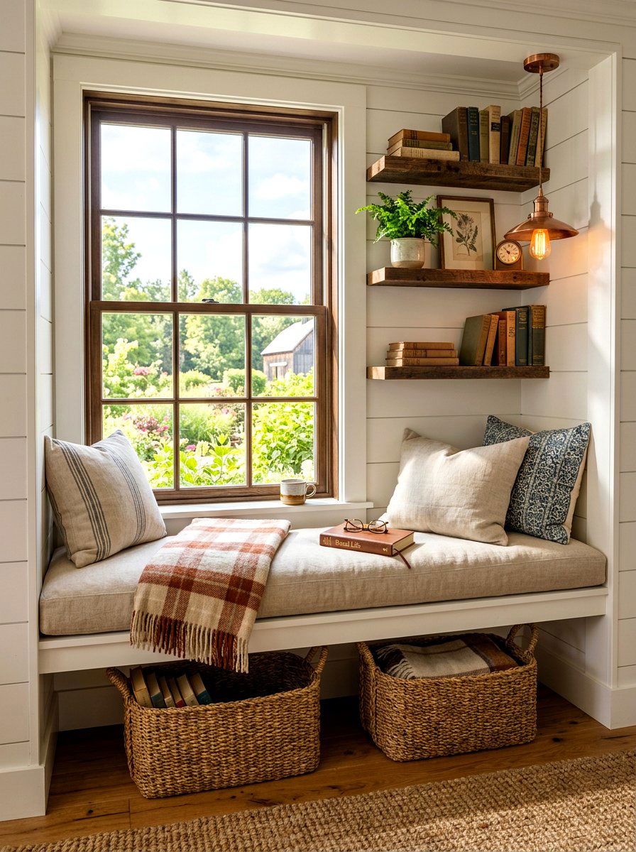 Farmhouse Window Reading Spot - 30 window seat bookshelf ideas