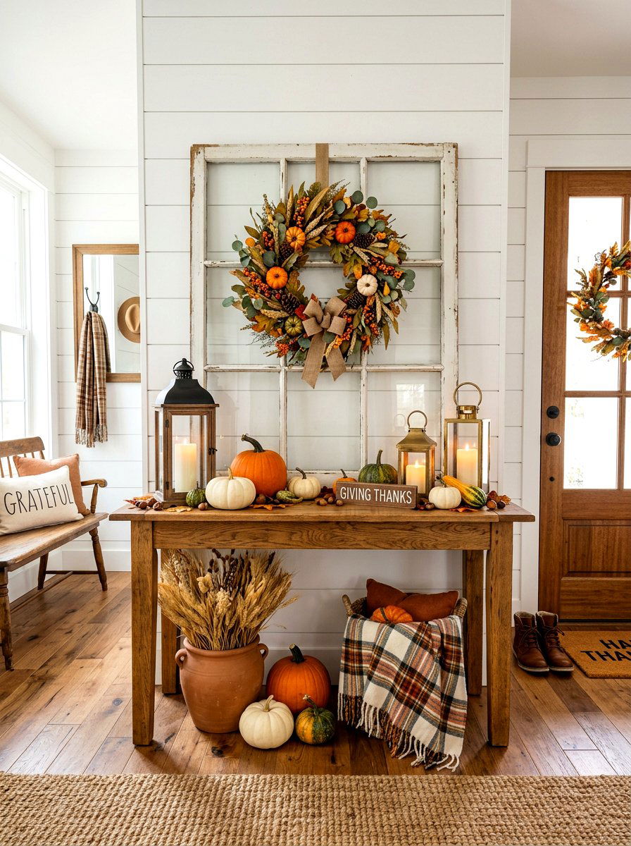 Farmhouse Window Thanksgiving Foyer - 30 Thanksgiving entry table ideas