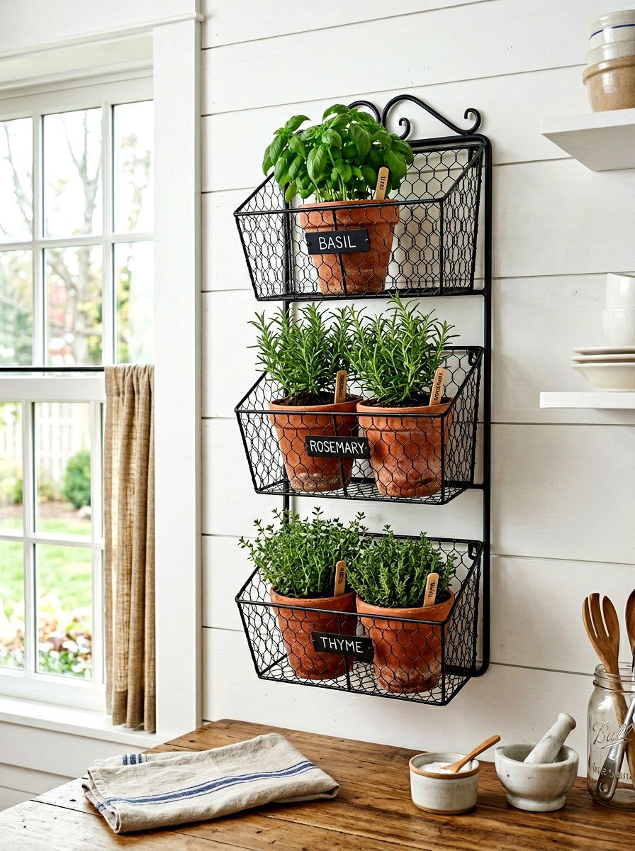 Farmhouse Wire Basket Holder - 30 indoor herb garden ideas