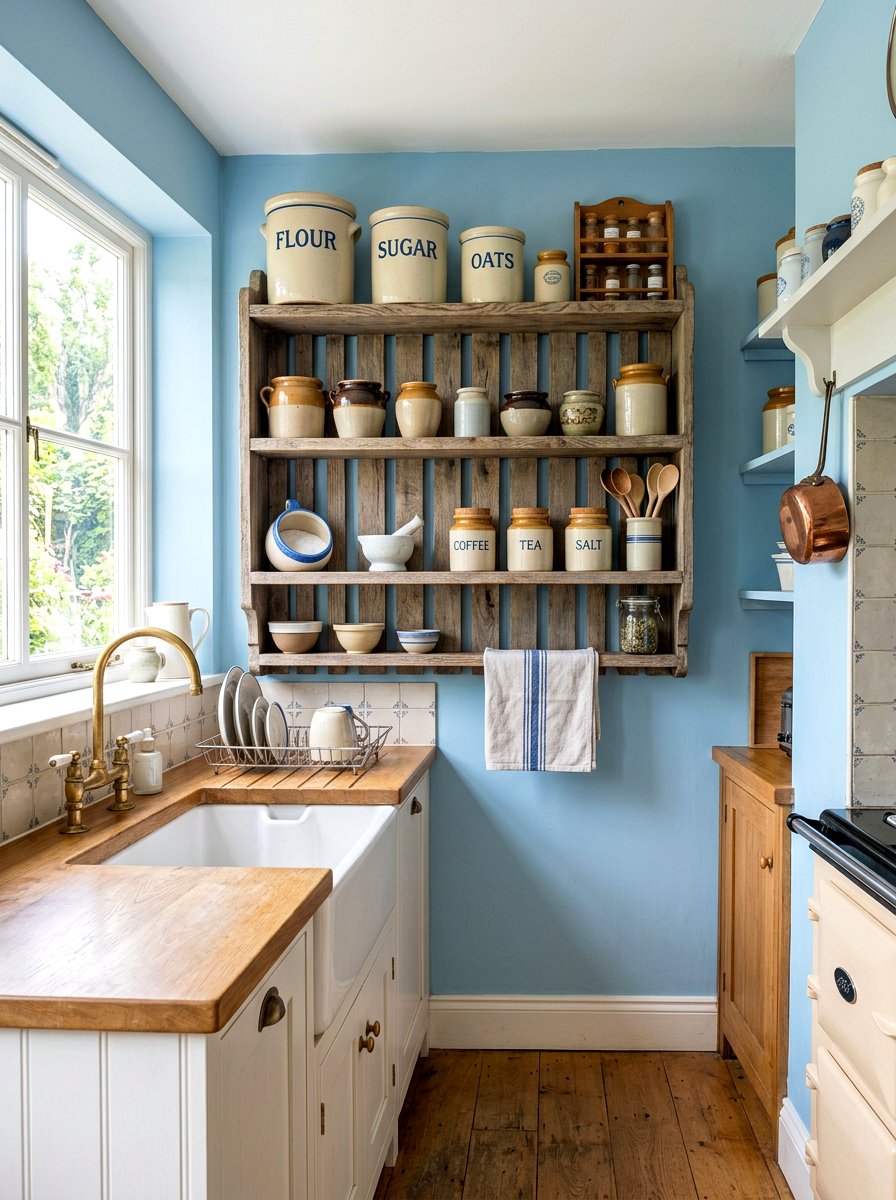 Farmhouse Wood Slat Shelf - 30 heritage kitchen shelf ideas