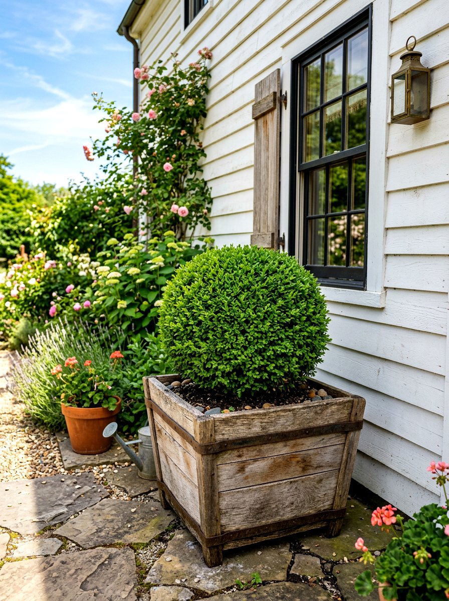 Farmhouse Wooden Box Topiary - 30 front porch topiary ideas