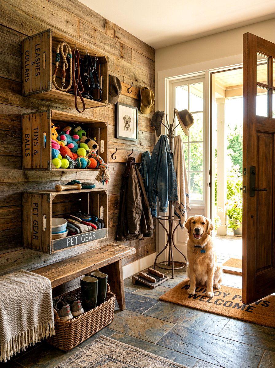 Farmhouse Wooden Crate Wall - 30 pet toy wall storage ideas
